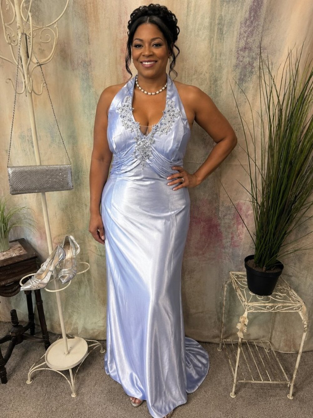 📌B' Dazzle Neck Holder Ice Blue Satin Formal - Prom Gown with Low Back & Train
